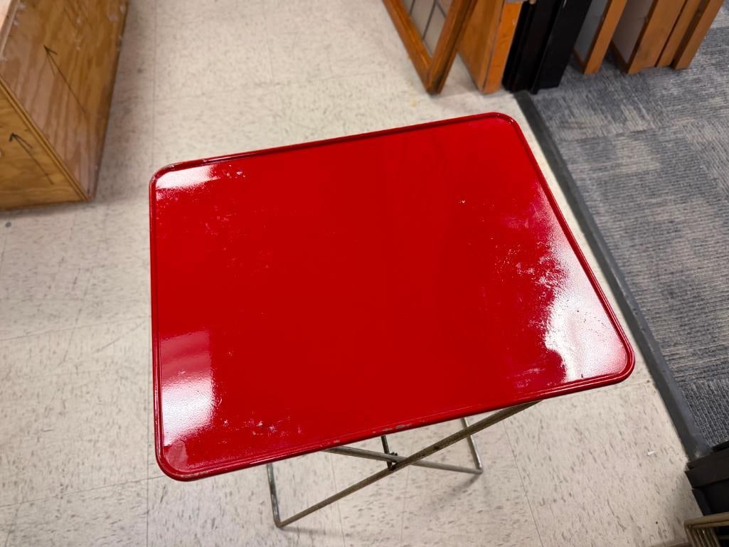 MID-CENTURY ENAMELED METAL TV DINNER TRAYS WITH CHROME ;LEGS AND CHROME FINISHED HOLDER - 7