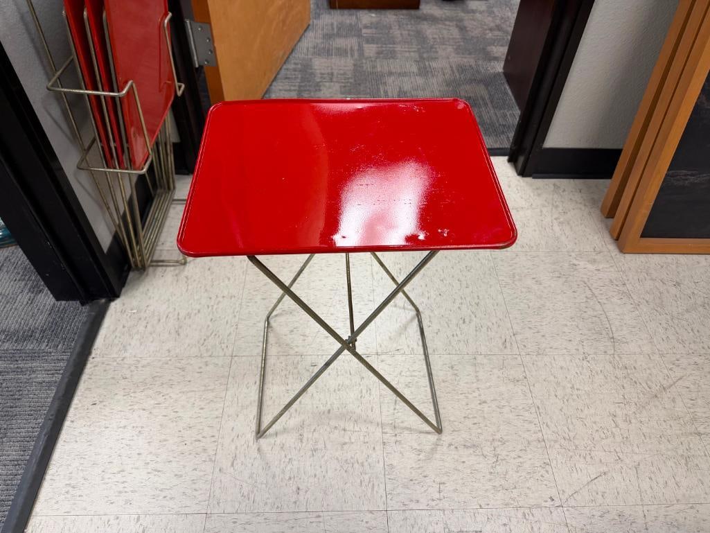 MID-CENTURY ENAMELED METAL TV DINNER TRAYS WITH CHROME ;LEGS AND CHROME FINISHED HOLDER - 8