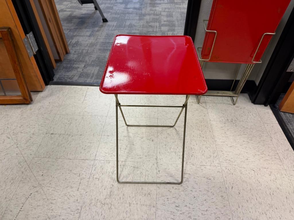 MID-CENTURY ENAMELED METAL TV DINNER TRAYS WITH CHROME ;LEGS AND CHROME FINISHED HOLDER - 9