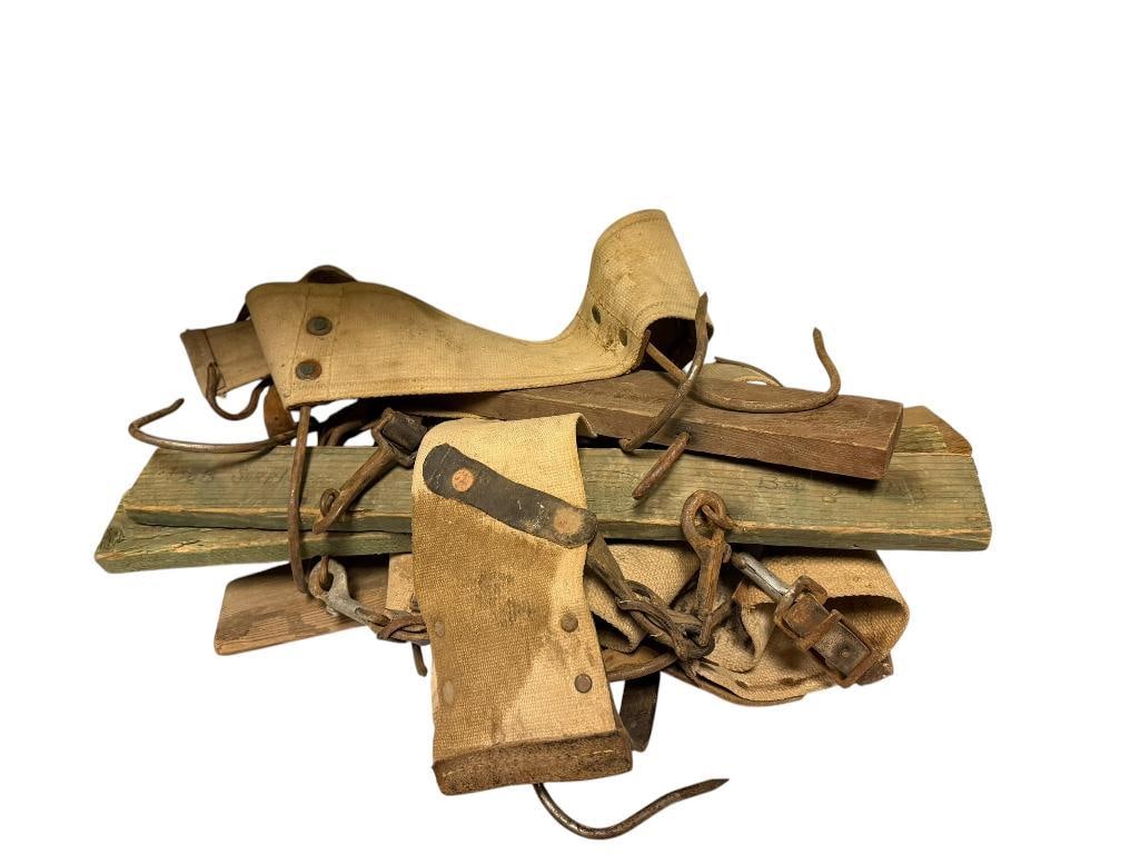 FOUR ANTIQUE E-Z POTATO PICKER WAY BELTS: IN RUSTIC HEAVILY USED CONDITION, BOISE, IDAHO EASH HAS 21" WOOD FRAME