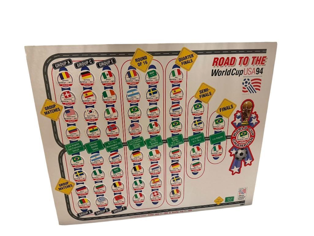 1994 WORLD CUP BRACKET BOARD WITH POGS ROAD TO THE WORLD CUP FEATURING THAT YEAR'S WINNER BRAZIL: WORLD CUP U.S.A. 94, GREAT CONDITION 24" X 20"