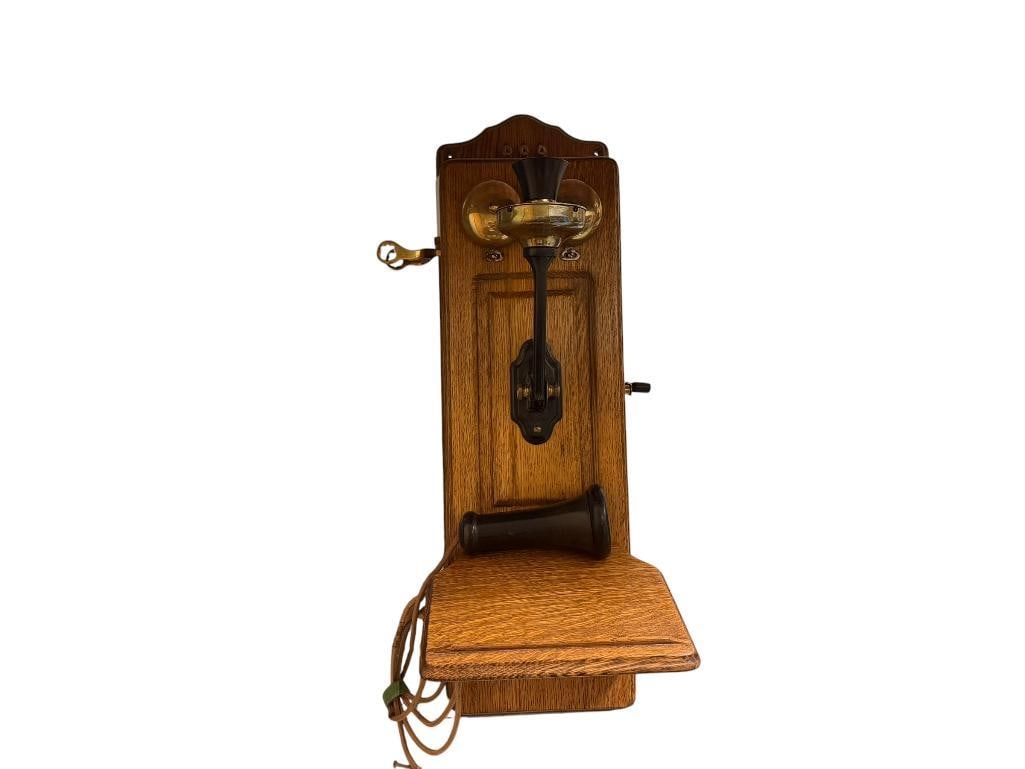 ANTIQUE STROMBER-CARLSON TELEPHONE COMPANY HAND CRANK WOOD CASE WALL PHONE: WITH ATTACHMENTS, BRASS ACCENTS, CASE IS IN GOOD CONDITION BUT WIRES ARE POOR 8" X 12" X 24"