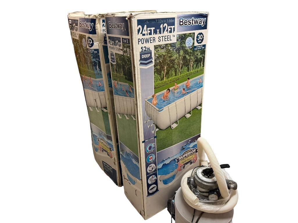 BESTWAY POWER STEEL RECTANGULAR SHAPED POOL: COMES IN TWO BOXES, INCLUDES GAME MODEL 4711 SAND FILTER PUMP, HOSES, AND RIGHTFIT WIDE MOUTH SKIMMER, BELIEVED TO BE COMPLETE AND INTACT 24' X 12' X 4'4"