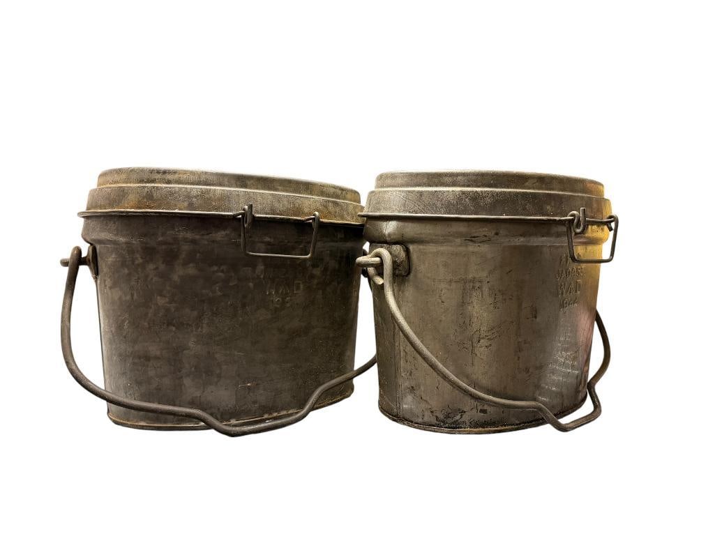 VINTAGE F.F.&S. WWII ERA MILITARY CAST ALUMINUM FIRE BUCKETS MARKED WAD 1951 AND WAD 1944: BOTH WITH LIDS AND HANDLES, FAIR CONDITION 15" X 9" X 11"