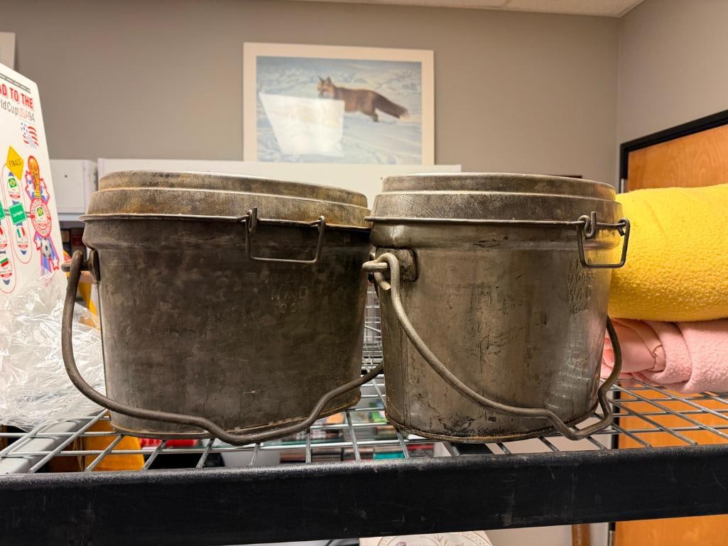 VINTAGE F.F.&S. WWII ERA MILITARY CAST ALUMINUM FIRE BUCKETS MARKED WAD 1951 AND WAD 1944 - 2