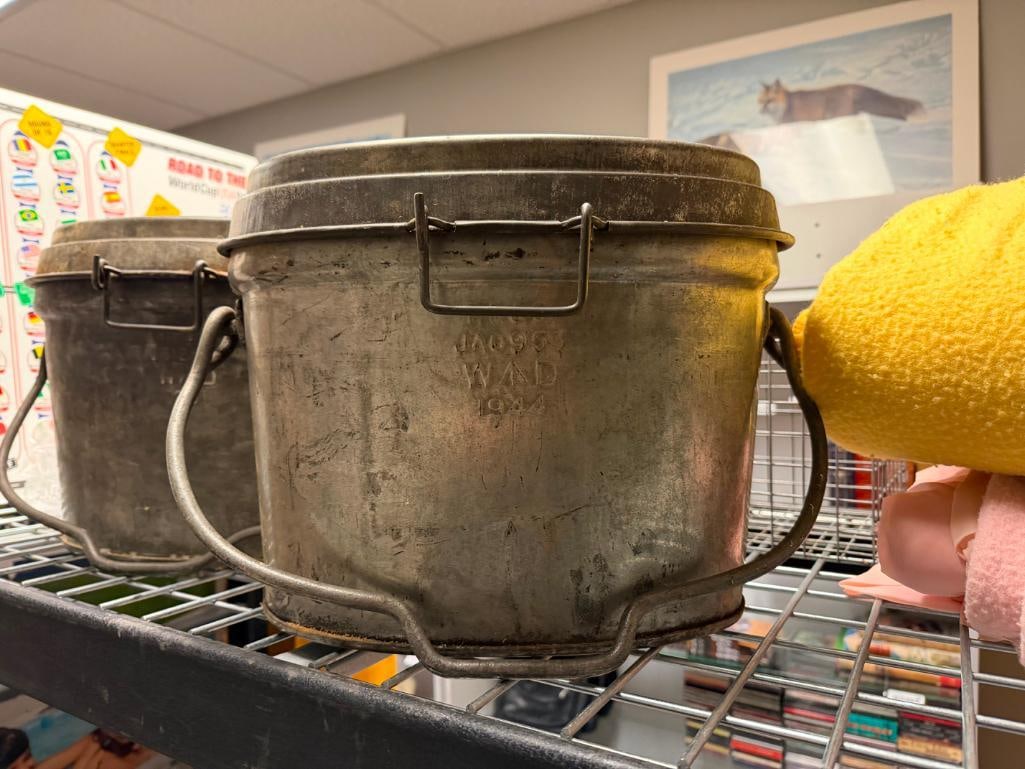 VINTAGE F.F.&S. WWII ERA MILITARY CAST ALUMINUM FIRE BUCKETS MARKED WAD 1951 AND WAD 1944 - 3