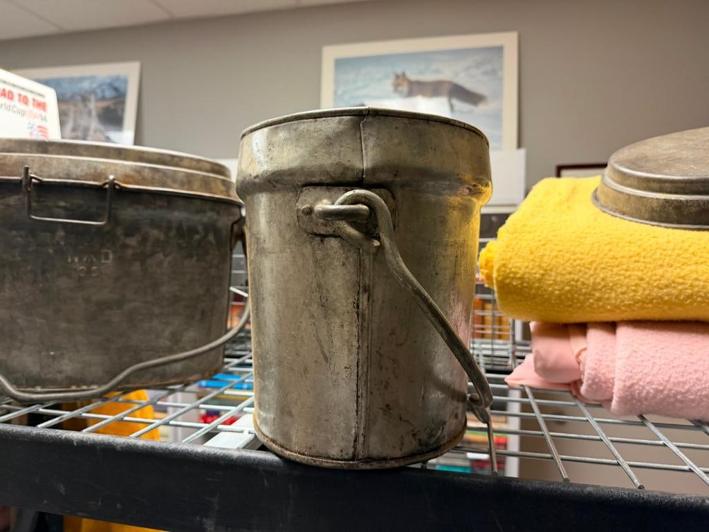 VINTAGE F.F.&S. WWII ERA MILITARY CAST ALUMINUM FIRE BUCKETS MARKED WAD 1951 AND WAD 1944 - 6