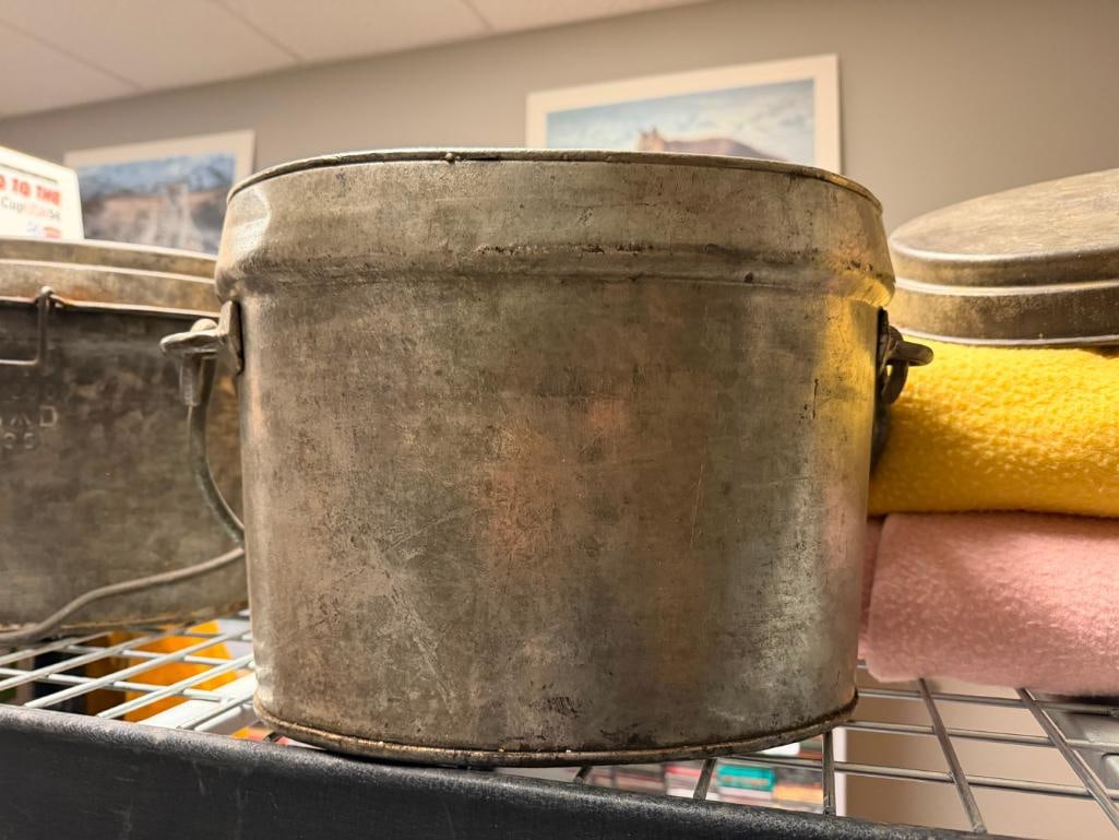 VINTAGE F.F.&S. WWII ERA MILITARY CAST ALUMINUM FIRE BUCKETS MARKED WAD 1951 AND WAD 1944 - 7