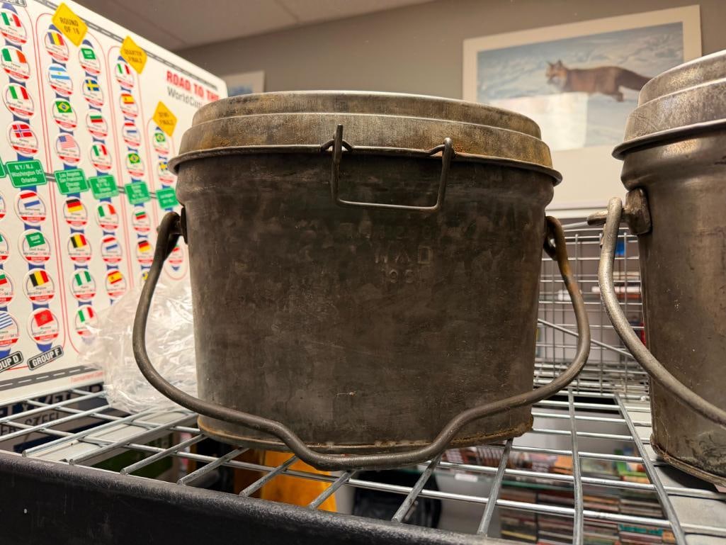VINTAGE F.F.&S. WWII ERA MILITARY CAST ALUMINUM FIRE BUCKETS MARKED WAD 1951 AND WAD 1944 - 9