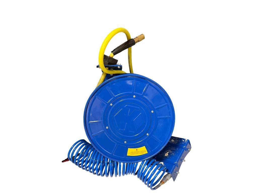 KOBALT AIR COMPRESSOR RETRACTABLE AIRHOSE WALL MOUNT REEL WITH HOSES: GOOD CONDITION, BOLTS INCLUDED FOR MOUNTING 13" X 6" X 16"