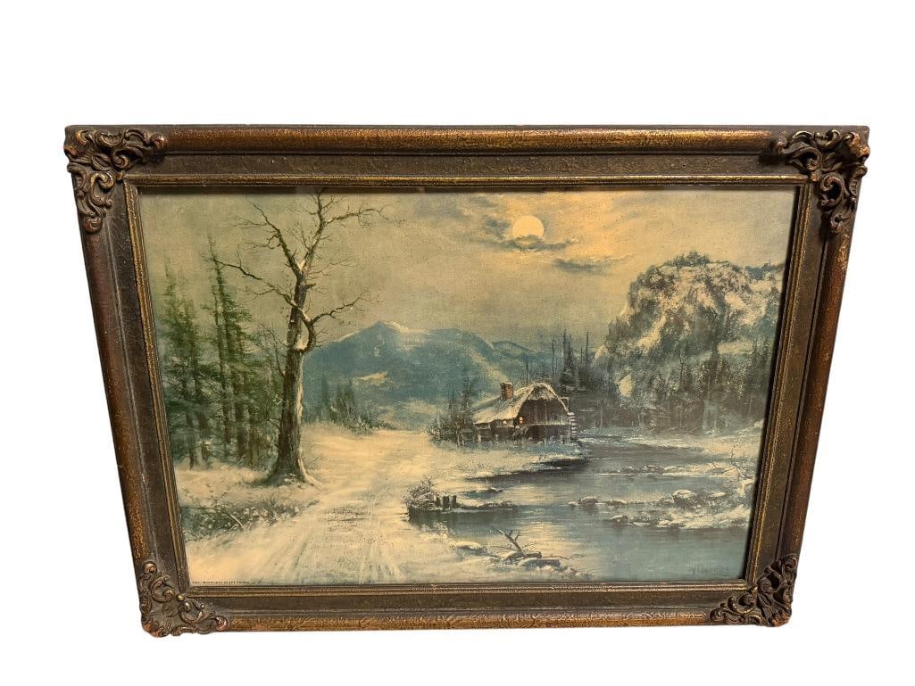 VINTAGE REPRODUCTION PRINT BY AMERICAN ARTIST WILLIAM HENRY CHANDLER " MOONLIGHT IN THE RIDGES ": CARVED WOOD FRAME 23" X 17"