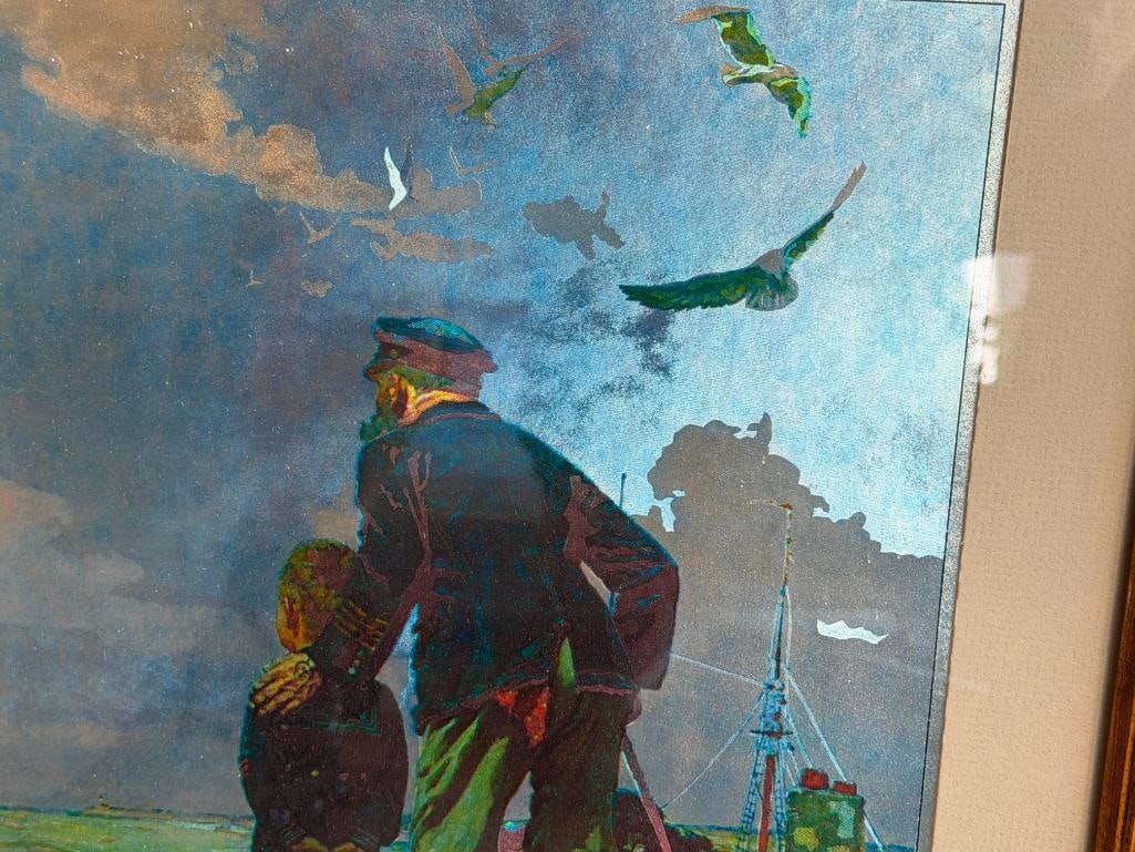 NORMAN ROCKWELL FOIL ART PRINT " OUTWARD BOUND " DEPICTING SAILOR AND YOUNG BOY LOOKING OUT AT SEA - 10