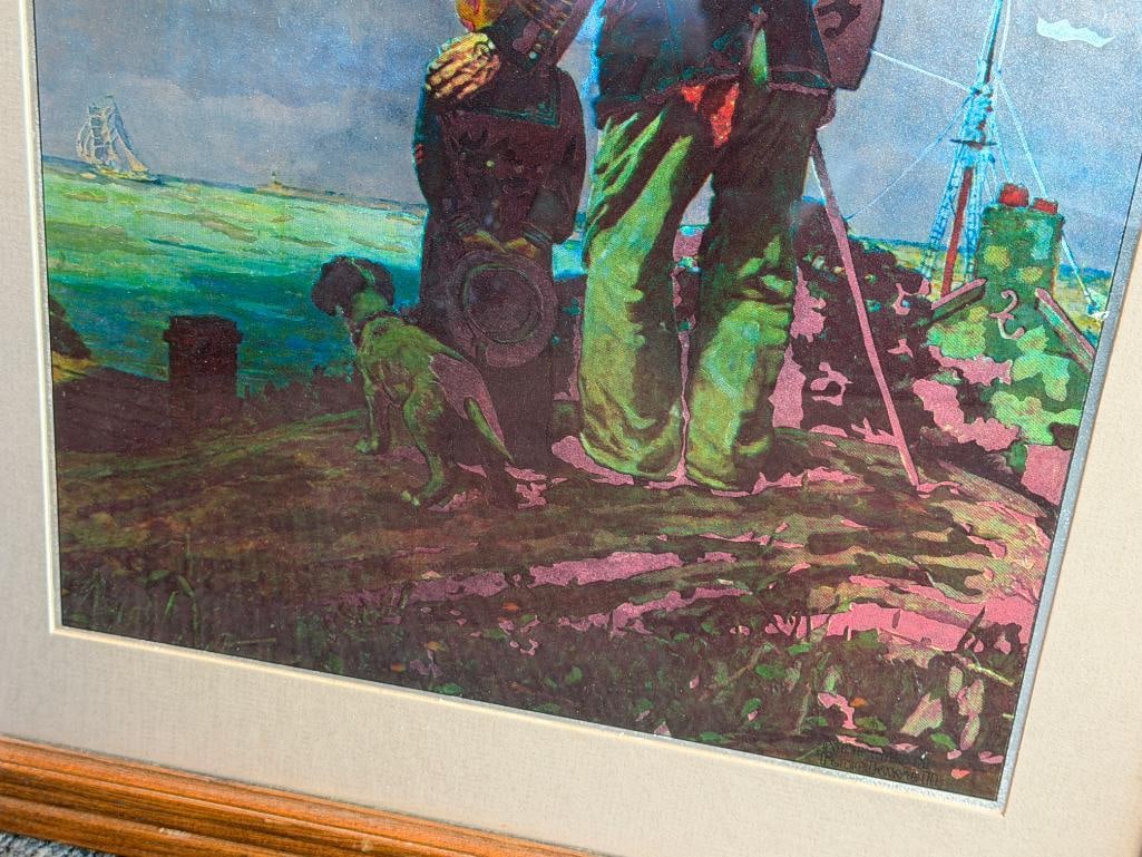 NORMAN ROCKWELL FOIL ART PRINT " OUTWARD BOUND " DEPICTING SAILOR AND YOUNG BOY LOOKING OUT AT SEA - 11