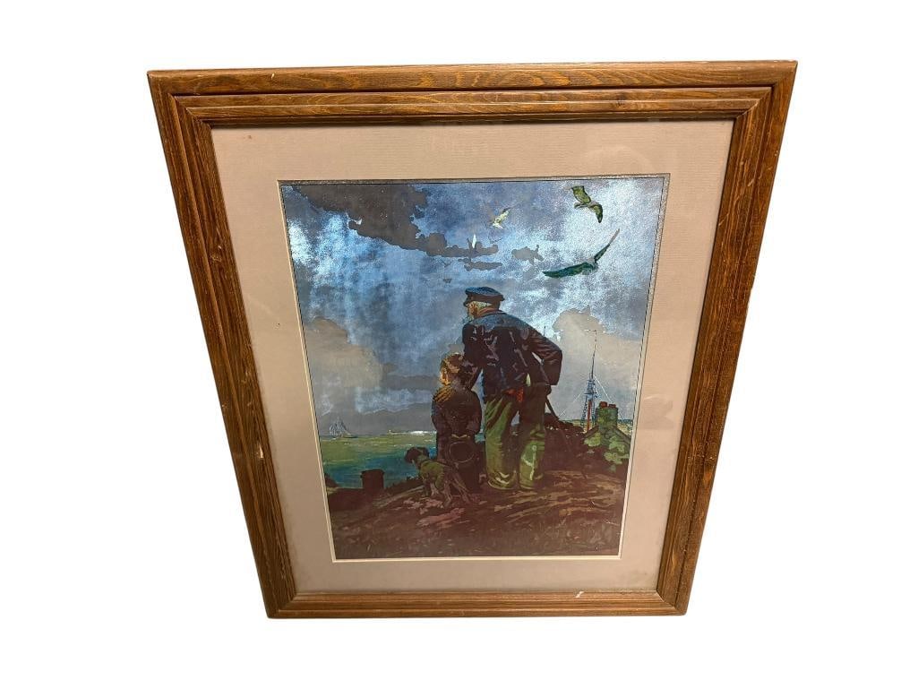NORMAN ROCKWELL FOIL ART PRINT " OUTWARD BOUND " DEPICTING SAILOR AND YOUNG BOY LOOKING OUT AT SEA (1 of 12)