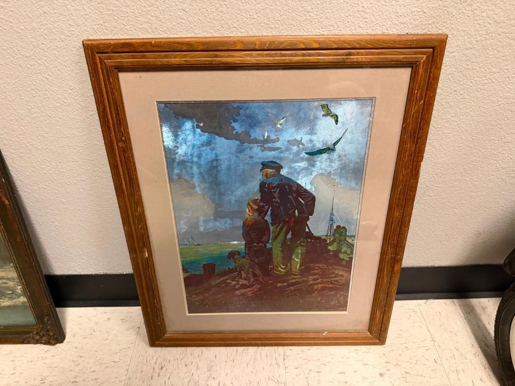 NORMAN ROCKWELL FOIL ART PRINT " OUTWARD BOUND " DEPICTING SAILOR AND YOUNG BOY LOOKING OUT AT SEA - 2