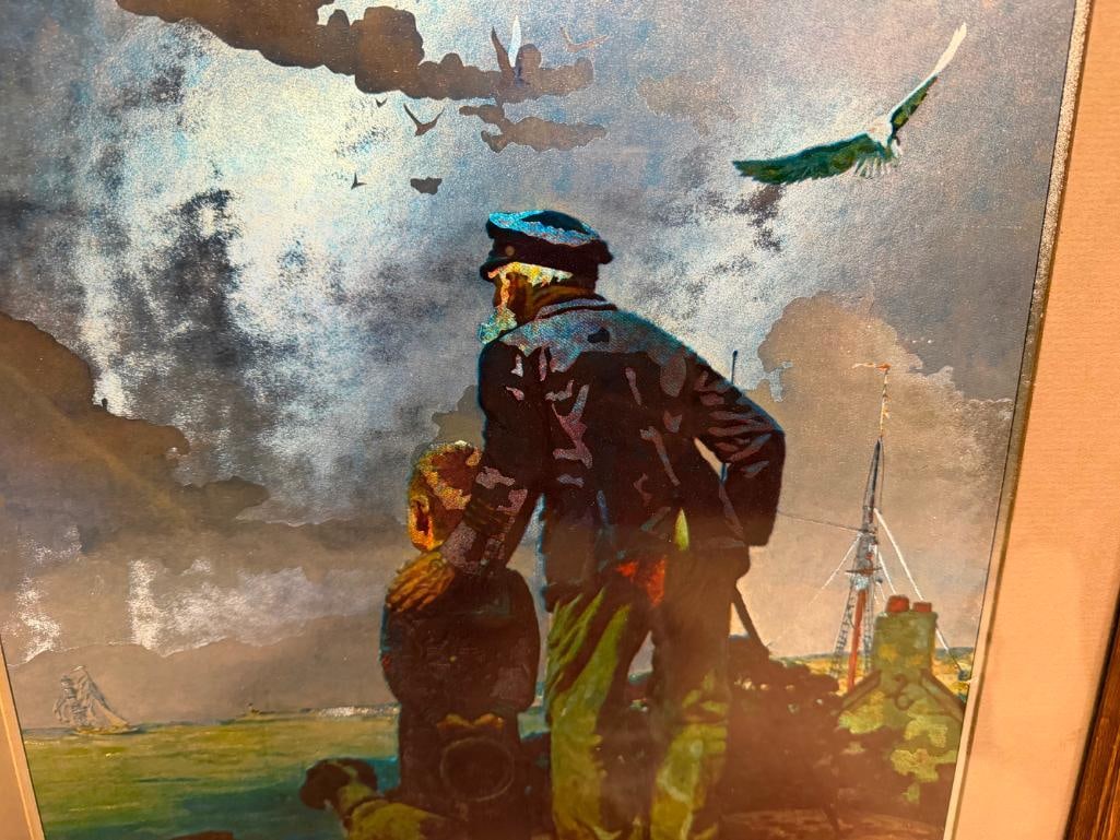 NORMAN ROCKWELL FOIL ART PRINT " OUTWARD BOUND " DEPICTING SAILOR AND YOUNG BOY LOOKING OUT AT SEA - 4