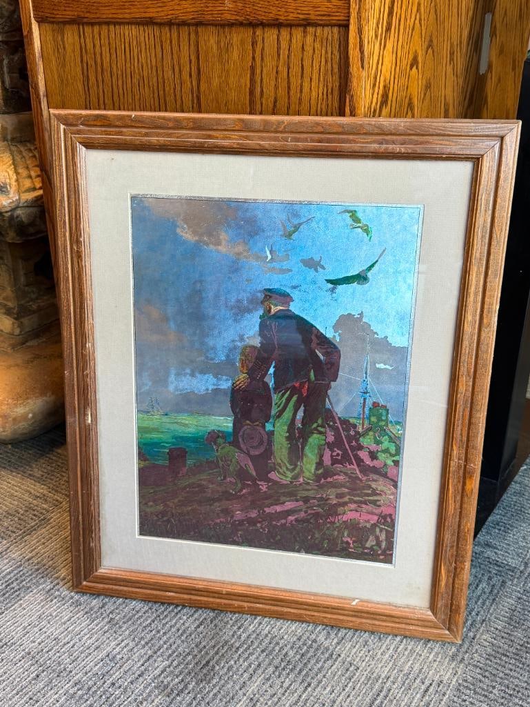 NORMAN ROCKWELL FOIL ART PRINT " OUTWARD BOUND " DEPICTING SAILOR AND YOUNG BOY LOOKING OUT AT SEA - 8