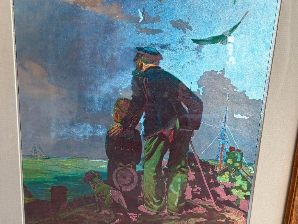 NORMAN ROCKWELL FOIL ART PRINT " OUTWARD BOUND " DEPICTING SAILOR AND YOUNG BOY LOOKING OUT AT SEA - 9