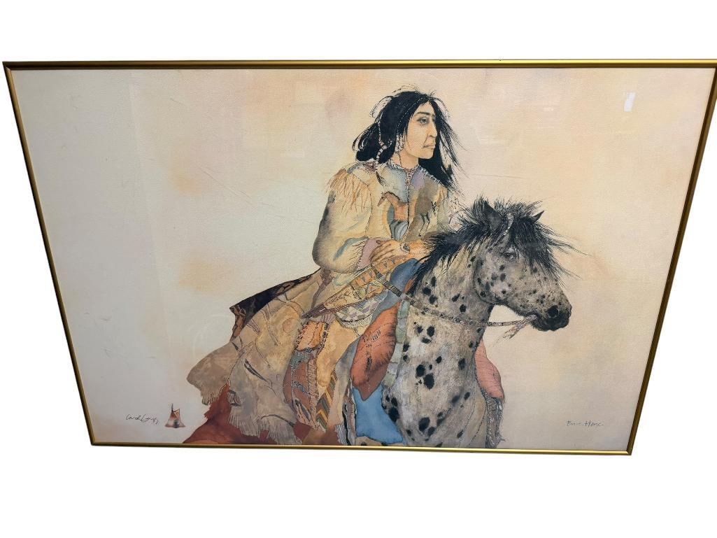 " BRAVE HORSE " PRINT BY CAROL GRIGG DEPICTING NATIVE AMERICAN MAN ON HORSEBACK: BRASS TONE FRAME 36" X 24" FRAME