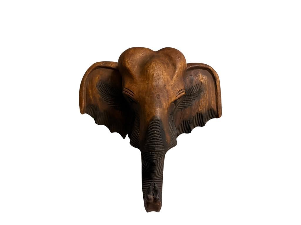 CARVED WOOD AFRICAN WILDLIFE FIGURAL ELEPHANT BUST WALL ART HANGING (1 of 8)