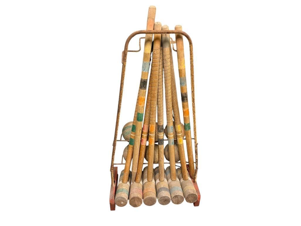 VINTAGE WOOD CROQUET SET FOR SIX: IN FAIR CONDITION 24" HANDLES WITH 7" MALLETS