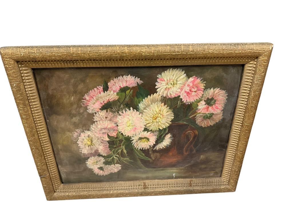 ANTIQUE LATE 1800'S AMERICAN PAINTING OF FLORAN STILL LIFE ON BAORD SIGNED M. DELASHMENT: SIGNATURE MIGHT READ DIFFERENTLY BUT APPEARS TO BE M. DELASHMENT, FEATURES LABEL ON BACK OF BOARD BY ACADEMY BOARD F.W. DEVOE & CO. FOR ART SUPPLY OF NEW YORK, GILT WOOD FRAME 22" X 17"
