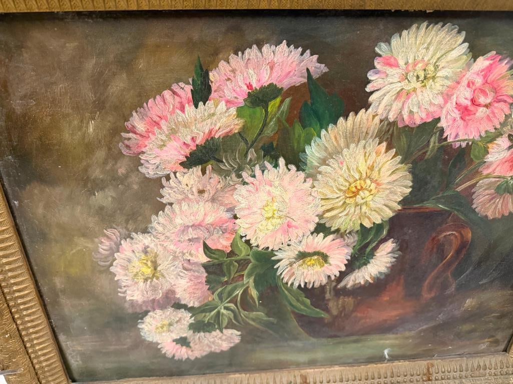 ANTIQUE LATE 1800'S AMERICAN PAINTING OF FLORAN STILL LIFE ON BAORD SIGNED M. DELASHMENT - 3