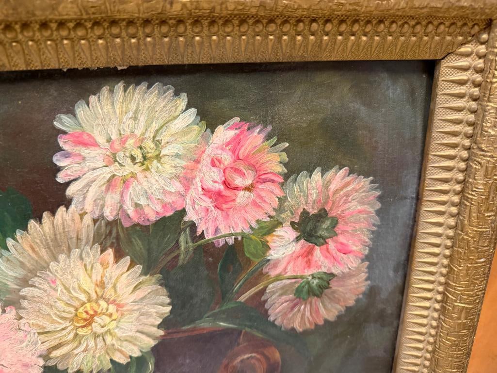 ANTIQUE LATE 1800'S AMERICAN PAINTING OF FLORAN STILL LIFE ON BAORD SIGNED M. DELASHMENT - 4