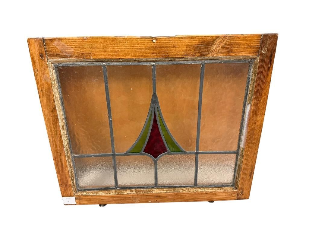 VINTAGE STAINED GLASS WINDOW PANE NOW CONVERETED WITH HOOKS FOR HANGING: FEATURES RED AND GREEN STAINED GLASS IN CENTER WITH LEAD FRAMING AND WOOD FRAME 21" X 18" FRAME