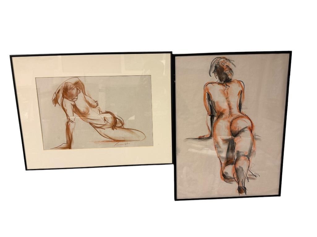 TWO ROSEMARY FANTI ORIGINAL PASTEL NUDE SKETCHES OF WOMEN: BOTH FEATURE PASTEL ORANGE HUES, FRAMED LARGEST IS 18 1/2" X 24" FRAME
