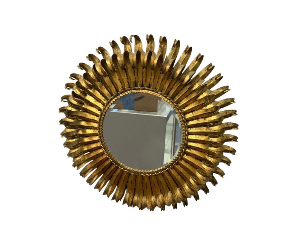VINTAGE GILDED METAL SUNBURST STYLE BEVELED MIRROR HOLLYWOOD REGENCY STYLED MADE IN SPAIN: 18" ROUND