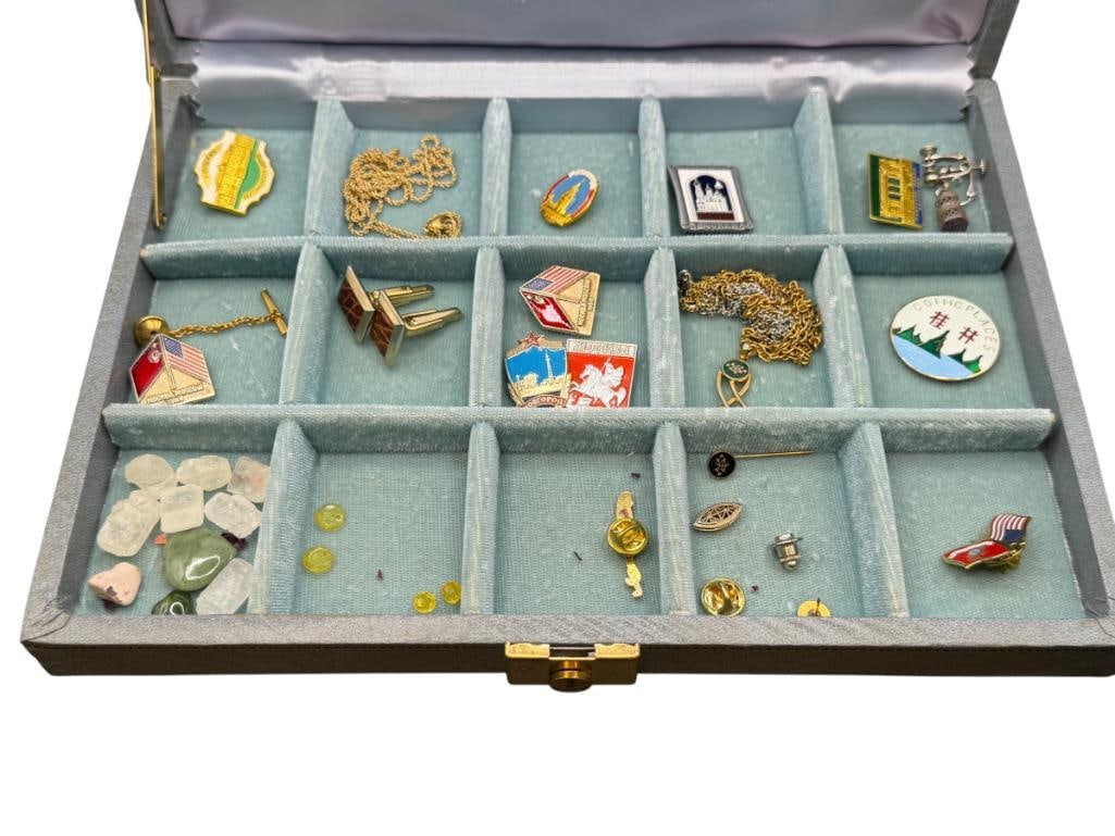VINTAGE JEWELRY CASE FILLED POLITICAL PINS, CARVED JADE HEARTS, GOLD TONE JEWELRY, AND MORE (1 of 13)