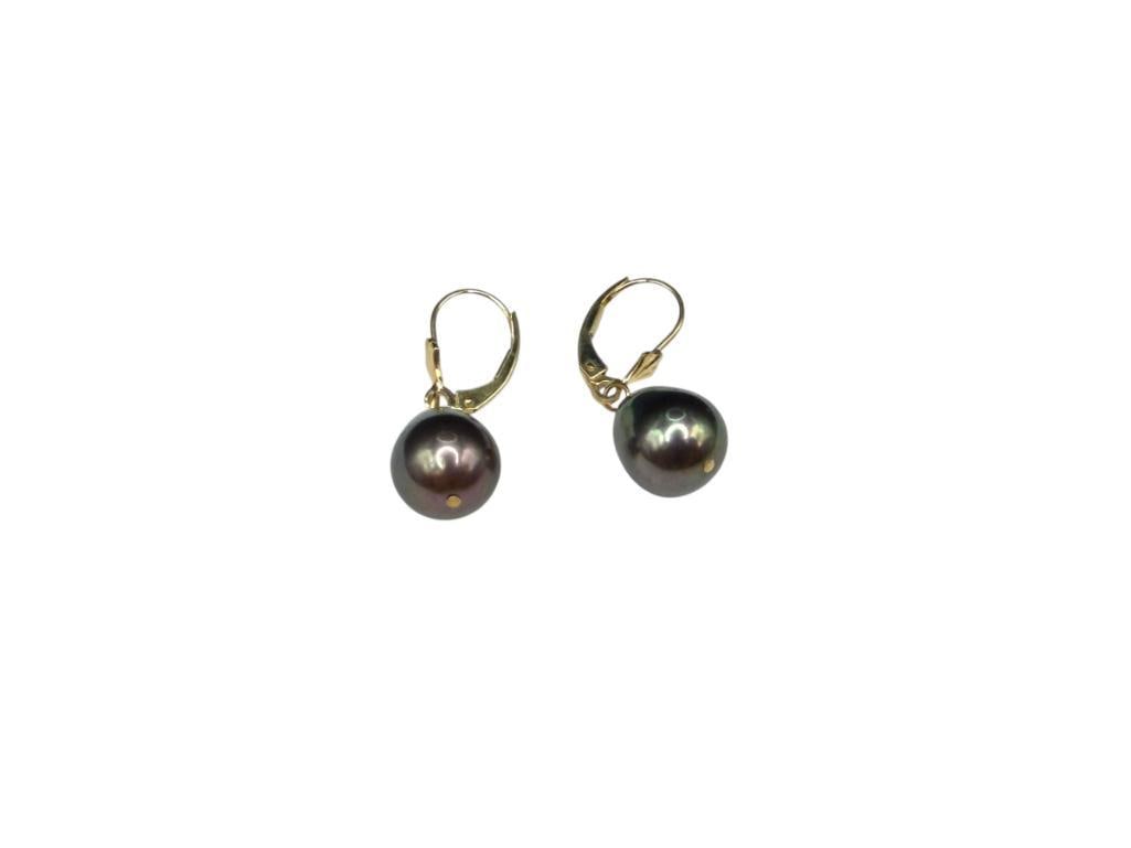 14K YELLOW GOLD TAHITAN PEARL LEVERBACK EARRINGS: 10MM PEARLS, 1 1/8", 4.13 GRAMS