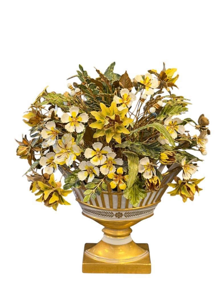 JANE HUTCHENSEN FOR GORHAM CO. FLEURS DES SIECLES FLORAL SCULPTURE ENAMELED FLOWERS CACHEPOT VASE: HAND PAINTED ENAMELED METAL FLOWER ARRANGEMENT IN PORCELAIN VASE WITH HEAVY GILT DECORATION WITH PIERCED DESIGN RIM, MARKED ON THE BOTTOM, NO DAMAGE OR REPAIR 12" H