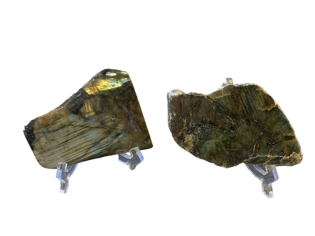 TWO PIECES OF LABRADORITE GEOLOGICAL SPECIMEN MINERAL NATURAL SLABS: TWO PIECES, ONE IS POLISHED ON BOTH SIDES, AND ONE IS POLISHED ON ONE SIDE, ACRYLIC EASELS INCLUDED 5" AND 6" L 