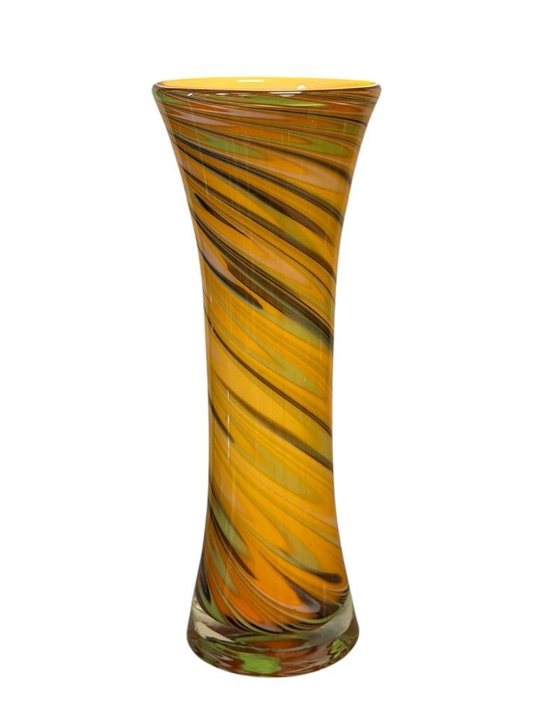 TALL HAND BLOWN ART GLASS CYLINDRICAL FLARED VASE: YELLOW SWIRL ART GLASS VASE WITH GREEN AND BROWN SHIMMER COLORS, POLISHED PONTIL 12" H