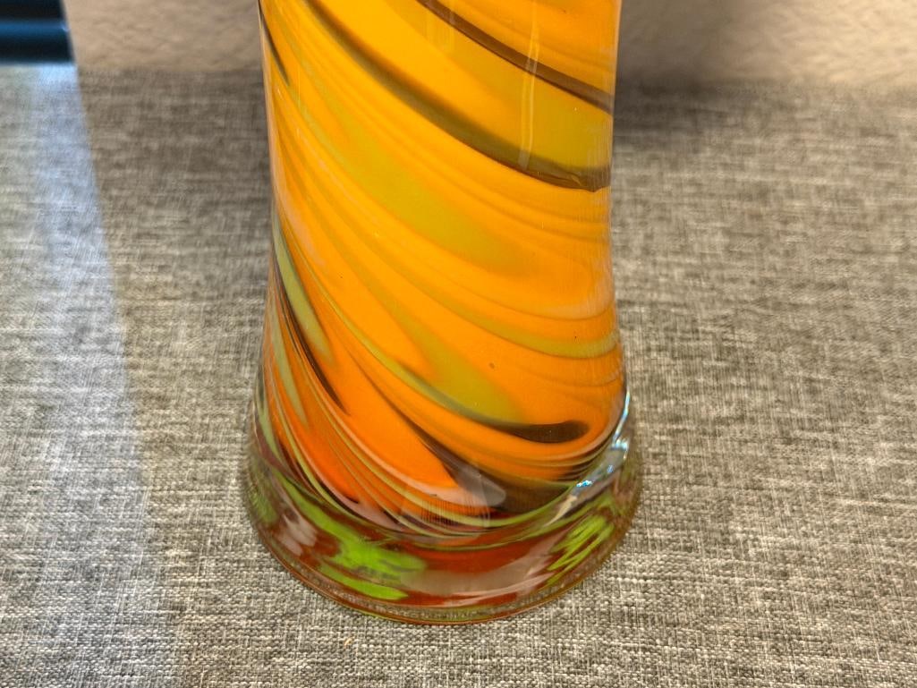 TALL HAND BLOWN ART GLASS CYLINDRICAL FLARED VASE - 3