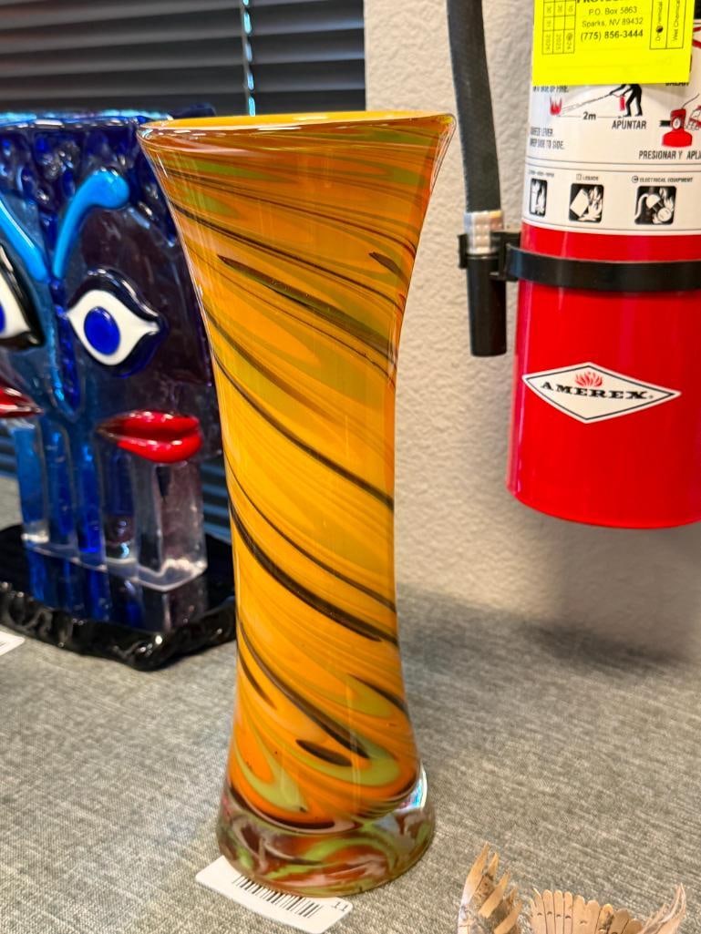 TALL HAND BLOWN ART GLASS CYLINDRICAL FLARED VASE - 5