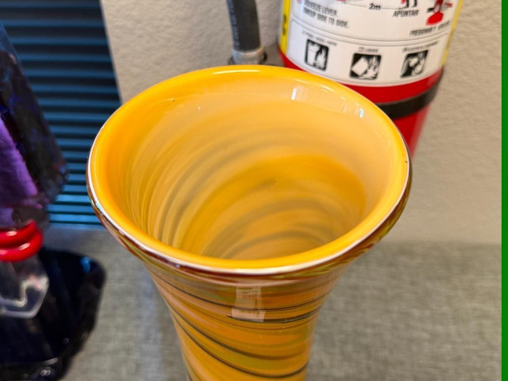 TALL HAND BLOWN ART GLASS CYLINDRICAL FLARED VASE - 6
