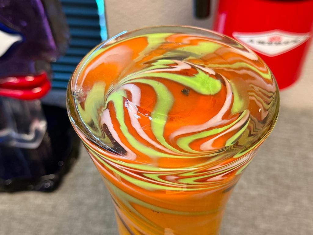 TALL HAND BLOWN ART GLASS CYLINDRICAL FLARED VASE - 7