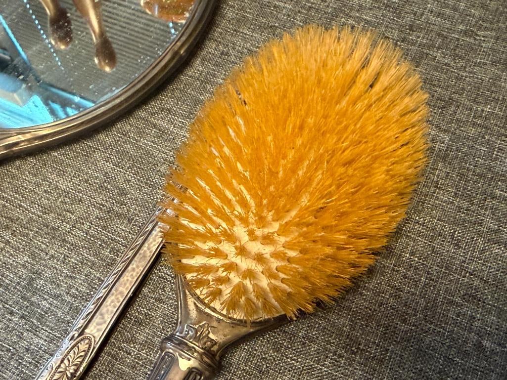 EARLY 20TH CENTURY STERLING SILVER VANITY HAND MIRROR, HAIR BRUSH AND COMB HANDLE - 10