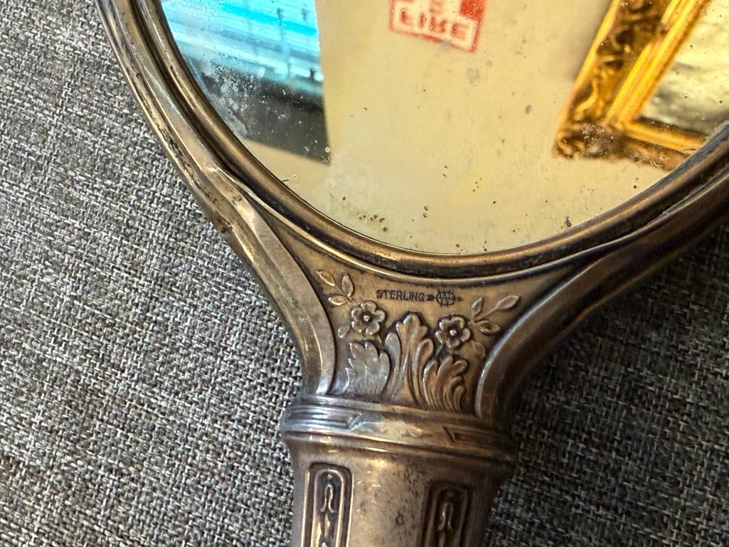 EARLY 20TH CENTURY STERLING SILVER VANITY HAND MIRROR, HAIR BRUSH AND COMB HANDLE - 8