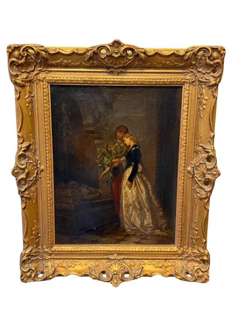 ORIGINAL OIL ON CANVAS PAINTING VISITING THE TOMB OF ROMEO AND JULIET AFTER TRANQUILLO CREMONA: ORIGINAL OIL ON CANVAS DEPICTING FICTIONAL RESTING PLACE OF ROMEO AND JULIET AFTER ITALIAN ARTIST TRANQUILLO CREMONA, SIGNED LOWER RIGHT AND DATED POSSIBLY 1868 OR 1860, HAS BEEN PREVIOUSLY REPAIRED