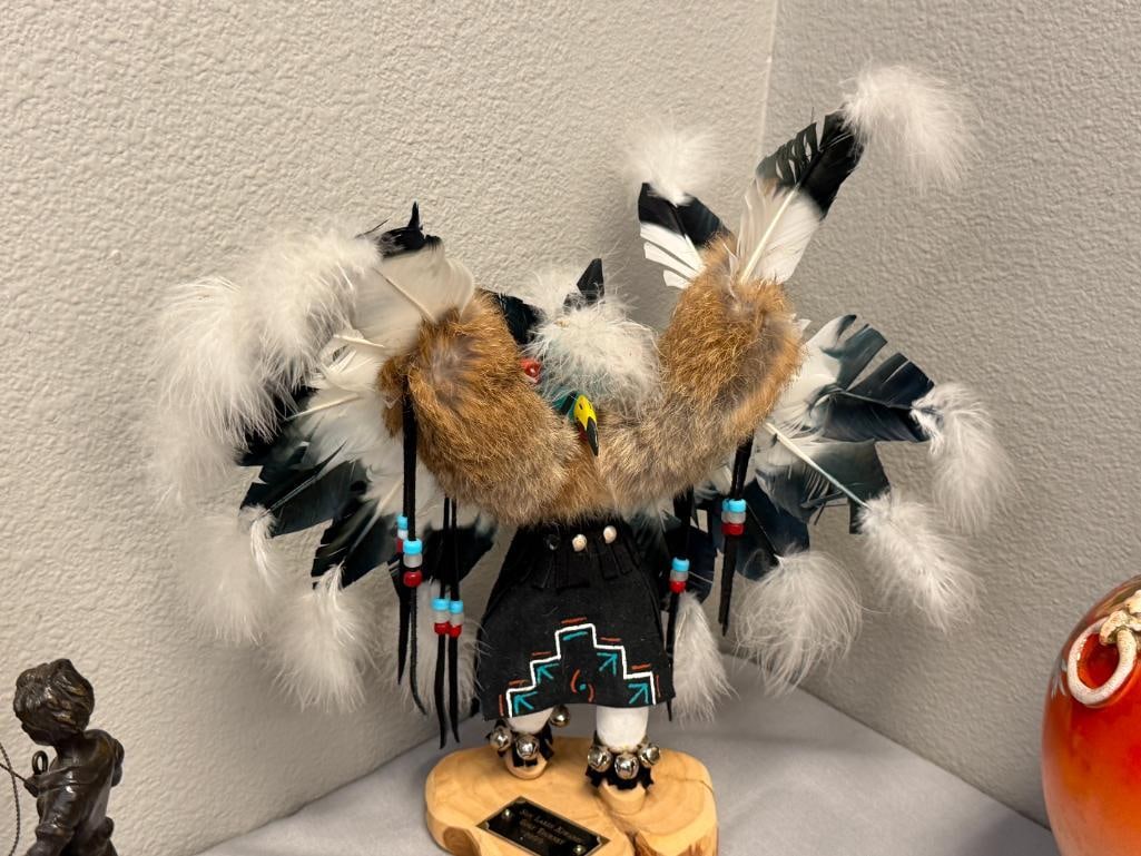 VIRGINA BEGAY NAVAJO ARTIST COTTON WOOD KACHINA DOLL EAGLE WITH BIRD FEATHERS AND ANIMAL FUR - 2