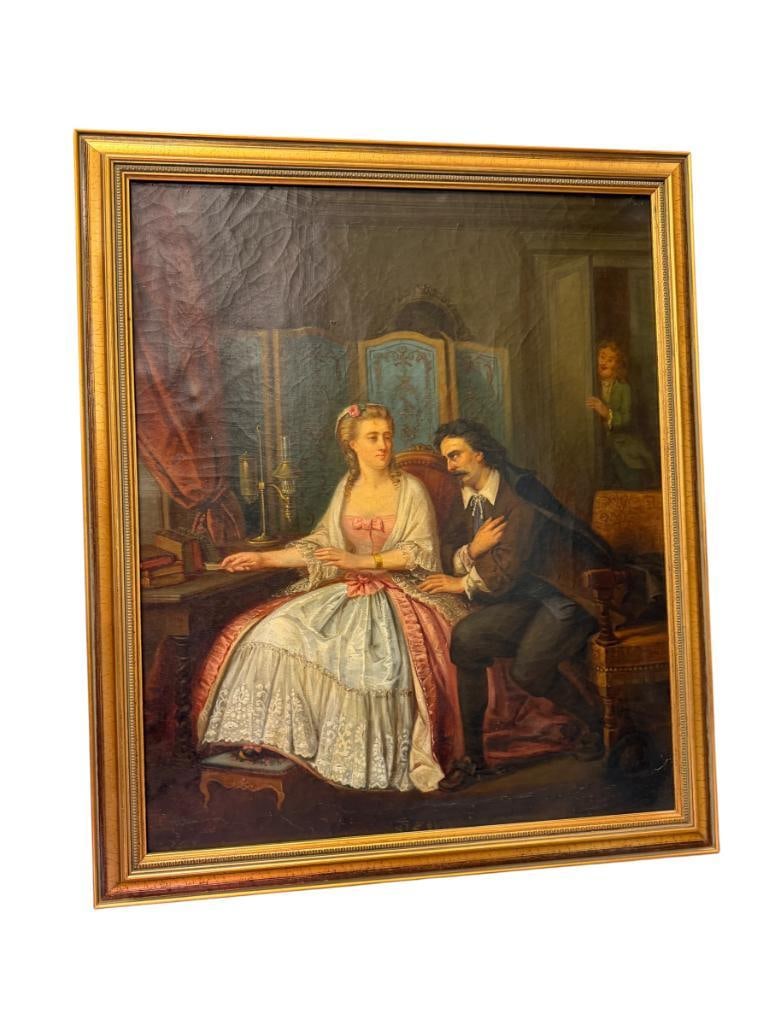 EUGENE PONCET DELPECH 19TH CENTURY ORIGINAL OIL ON CANVAS PAINTING ROMANTIC SCENE DATED 1868: EUROPEAN ANTIQUE OIL ON CANVAS PAINTING, ART DEPICTS SCENE OF COURTING SCENE, SIGNED ON THE BACK AND DATED, ART SHOWS VISIBLE CRACKING AND HAS BEEN PREVIOUSLY REPAIRED, FRAMED 24 3/4" X 29" 