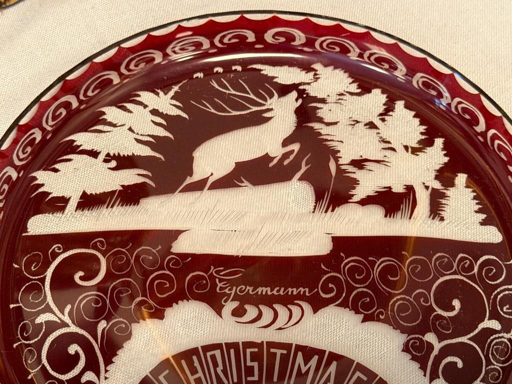 CZECH BOHEMIAN EGERMANN RUBY RED CUT TO CLEAR CRYSTAL HOLIDAY / CHRISTMAS PLATE 1973 - 2