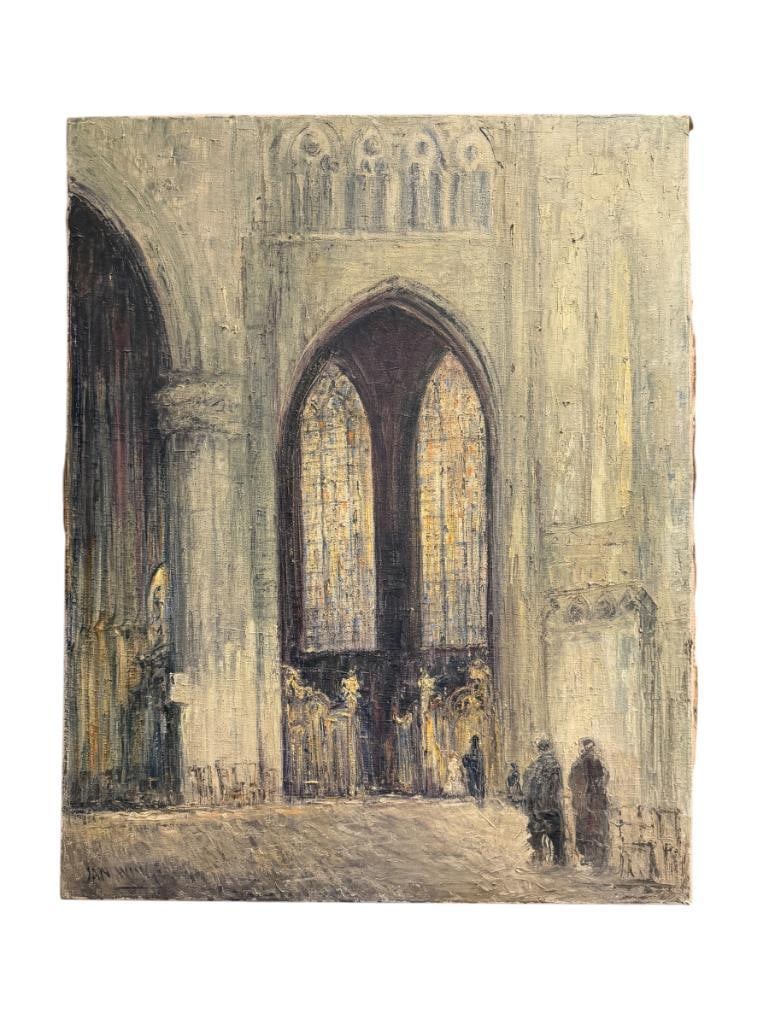 JAN WINGEN DUTCH ARTIST ORIGINAL OIL ON CANVAS OF A CATHEDRAL ST. MICHAELS & ST. GUDULA WWII ERA: JAN WINGEN (1874-1956) WAS A DUTCH DRAFTSMAN AND PAINTER WHO OFTEN CALLED THE GREY PAINTER DUE TO BEING COLOR BLIND, OFTEN WENT WITH PSEUDONYM LEONTINE, JOINED GOVERNMENT AGENCY IN NAZI GERMANY JUST