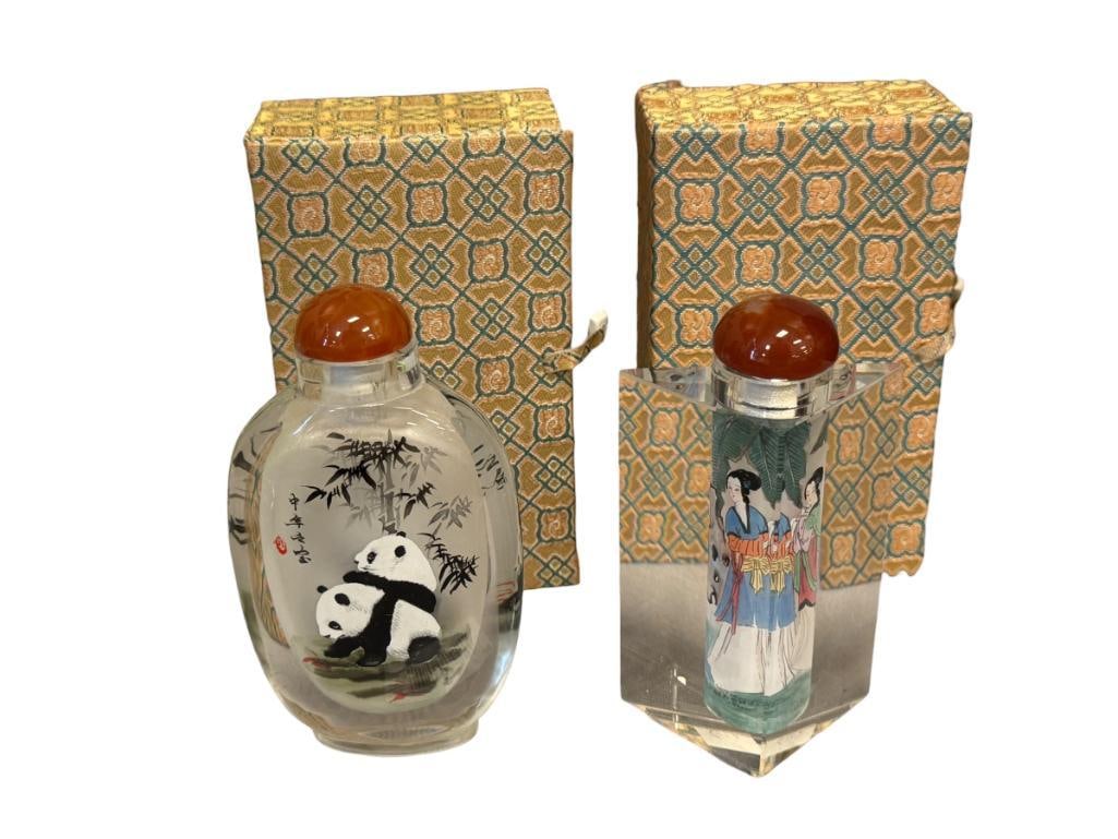 20TH CENTURY REVERSE PAINTED GLASS LARGE SNUFF BOTTLES WITH STONE TOPS (1 of 13)
