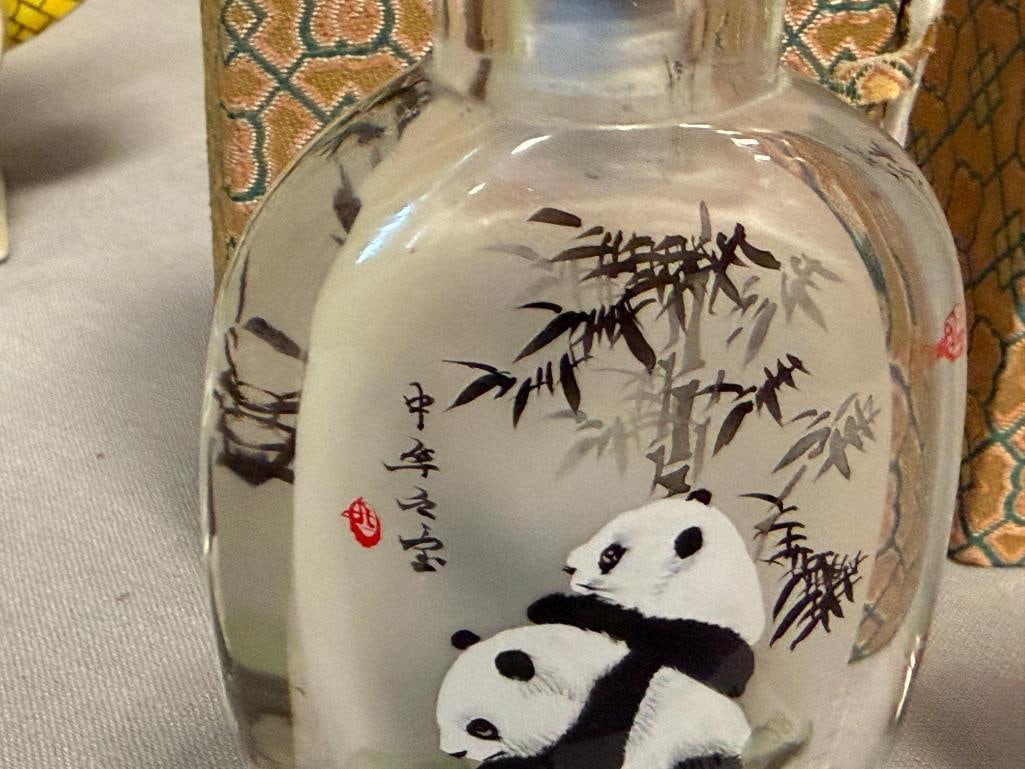 20TH CENTURY REVERSE PAINTED GLASS LARGE SNUFF BOTTLES WITH STONE TOPS - 4