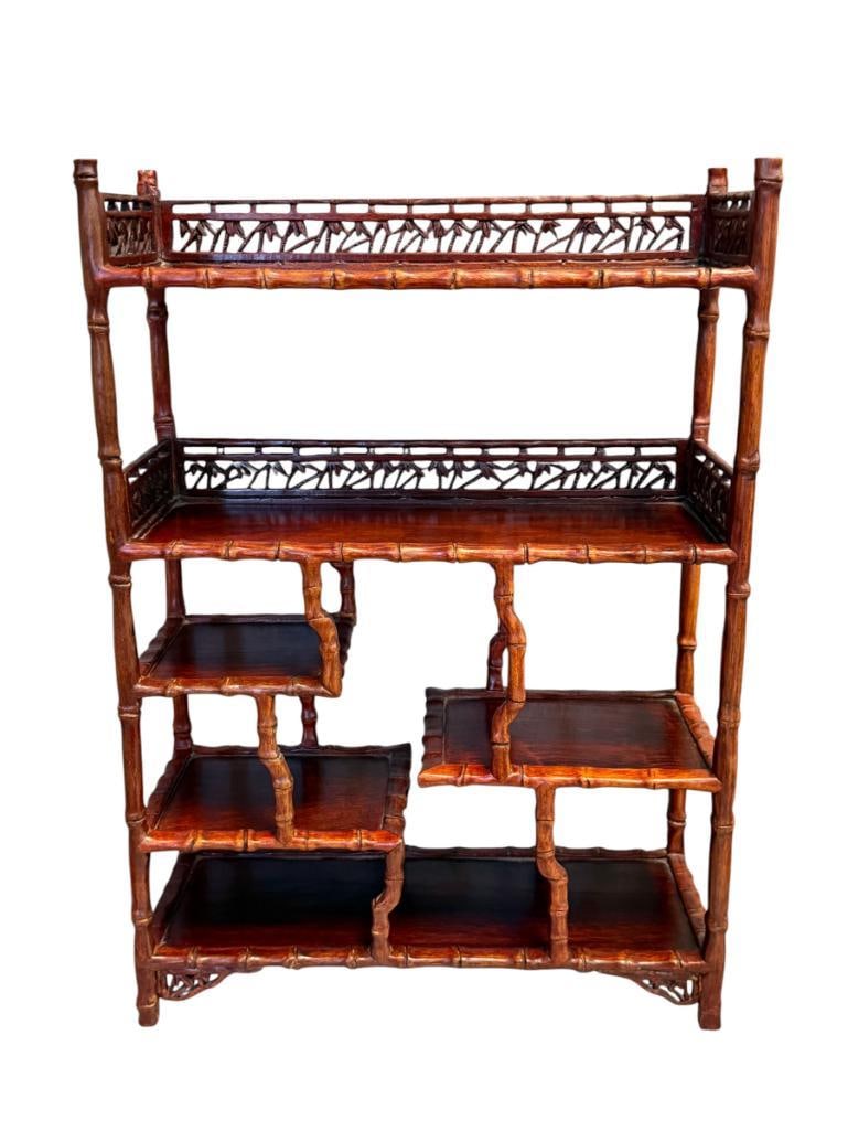 CHINESE SIX-TIER KNICK KNACK SHELF WITH FAUX BAMBOO FRAME AND BAMBOO PIERCED GALLERIES: ROSEWOOD GRAIN KNICK KNACK SHELF 15" X 6" X 21"